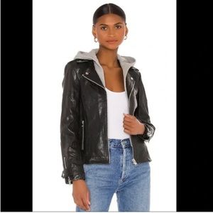 Lamarque Black Leather Jacket with Gray Hood